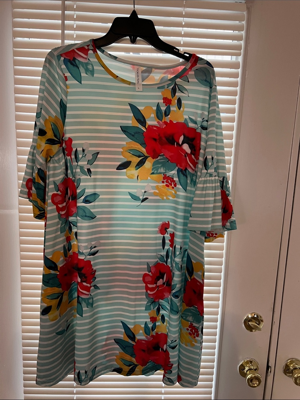 Tickled Teal Floral Stripe Dress in Aqua & Red